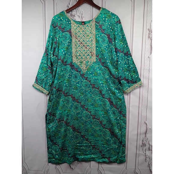 VALAS Women's Exotic Dress Made In INDIA Plus SZ 3XL Jade Green Paisley Sequins - Picture 1 of 16